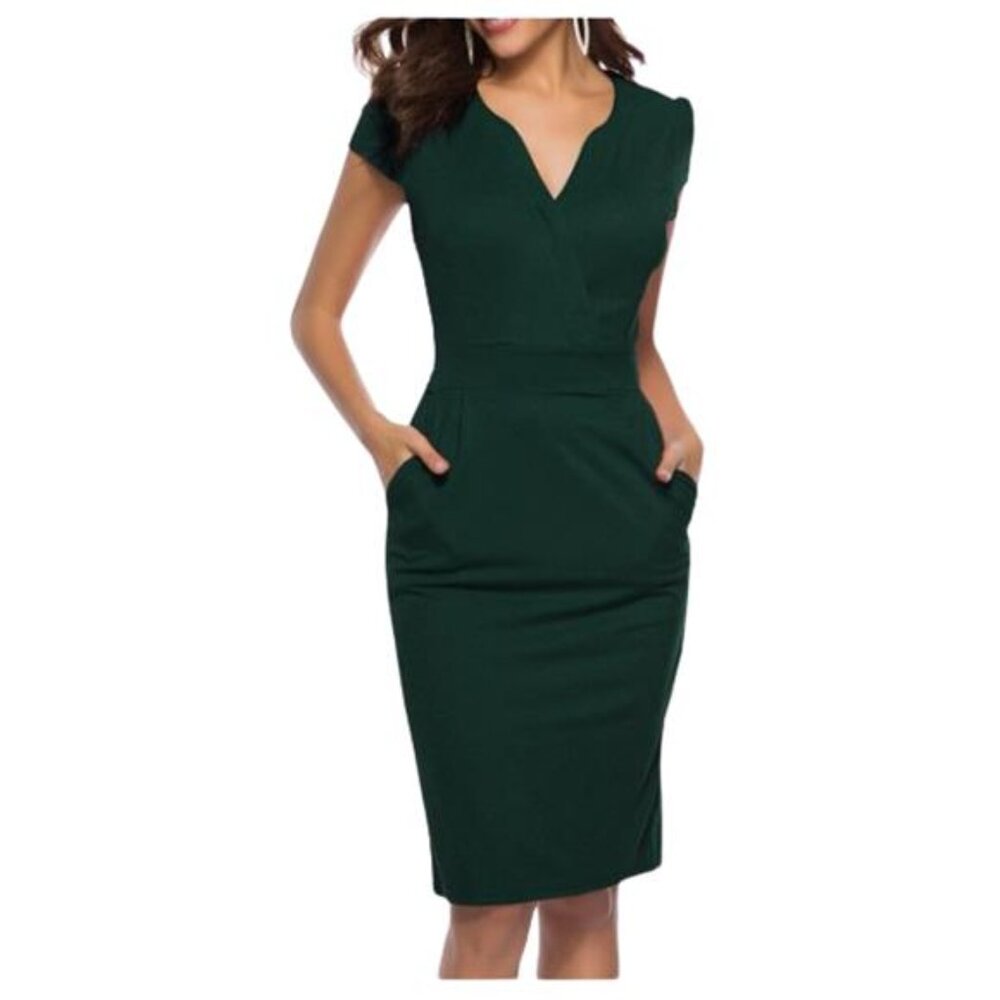 NEW CEASIKERY Green V-Neck Wear to Work Casual Dress, Women's 2XL